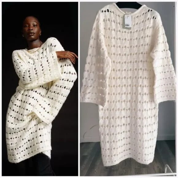 h&m pointelle knit crochet sweater dress - Picture 1 of 2